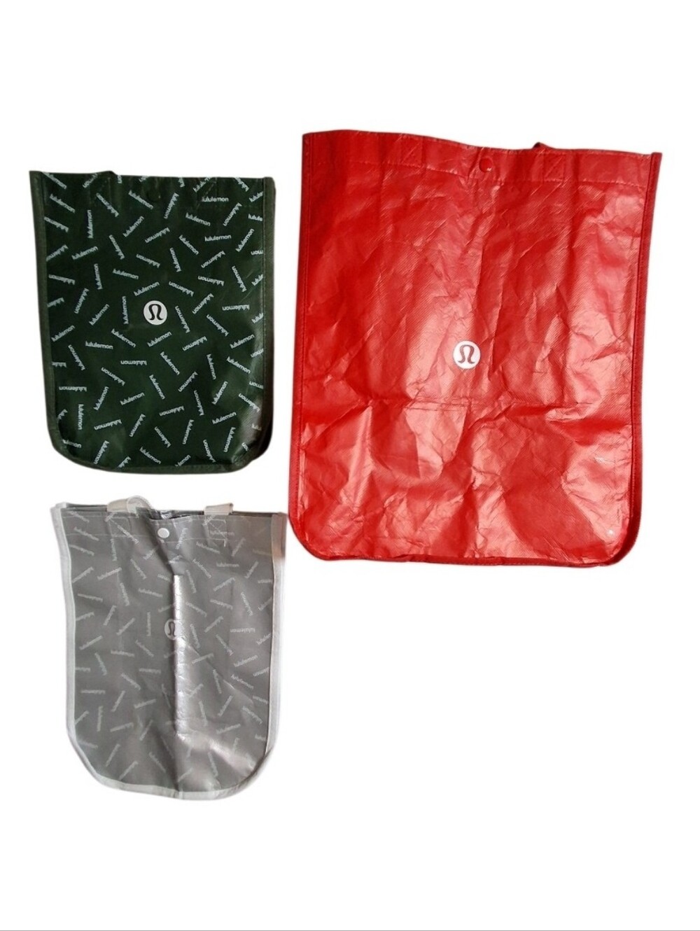 Lululemon Reusable Shopping Tote Bag Set of 3 Red Green Silver Snap Closure